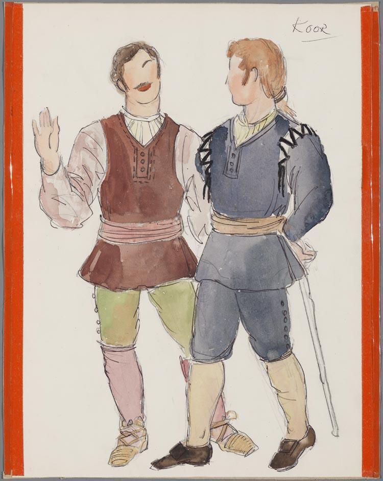 Kostuumontwerp voor twee mannen uit het koor in La Forza del Destino (Verdi) door Karel Bruckman