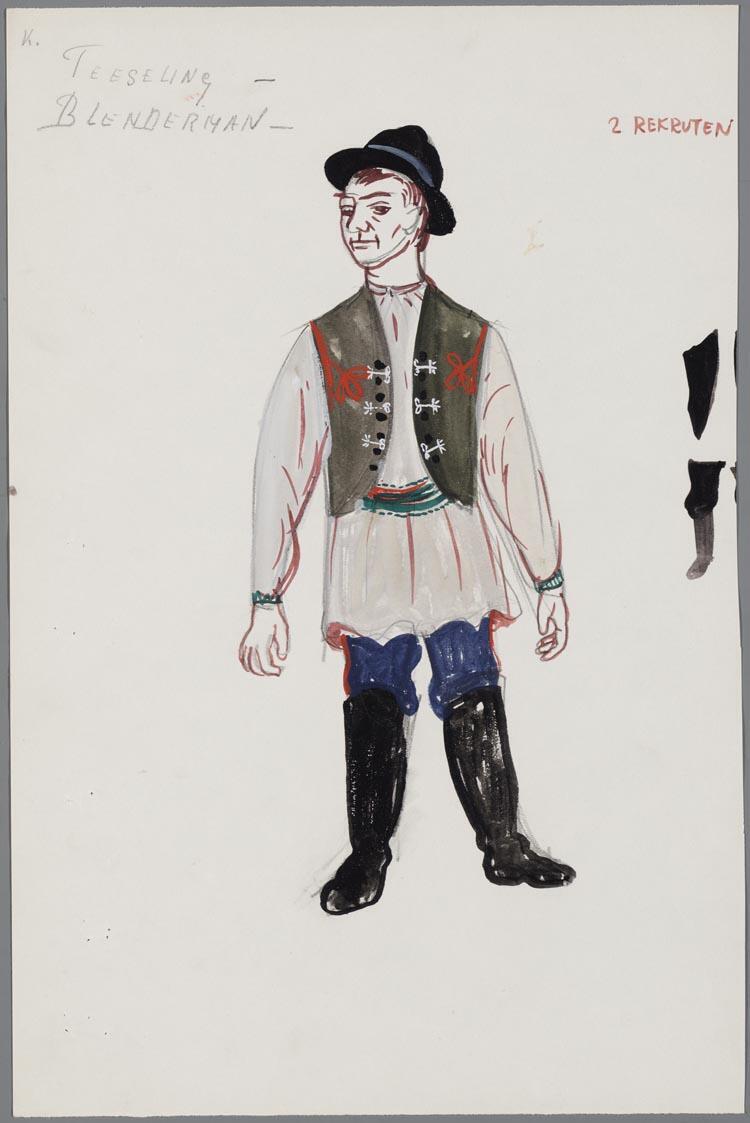 Kostuumontwerp voor rekruten in Jenufa (Leos Janácek), door Hans van Norden