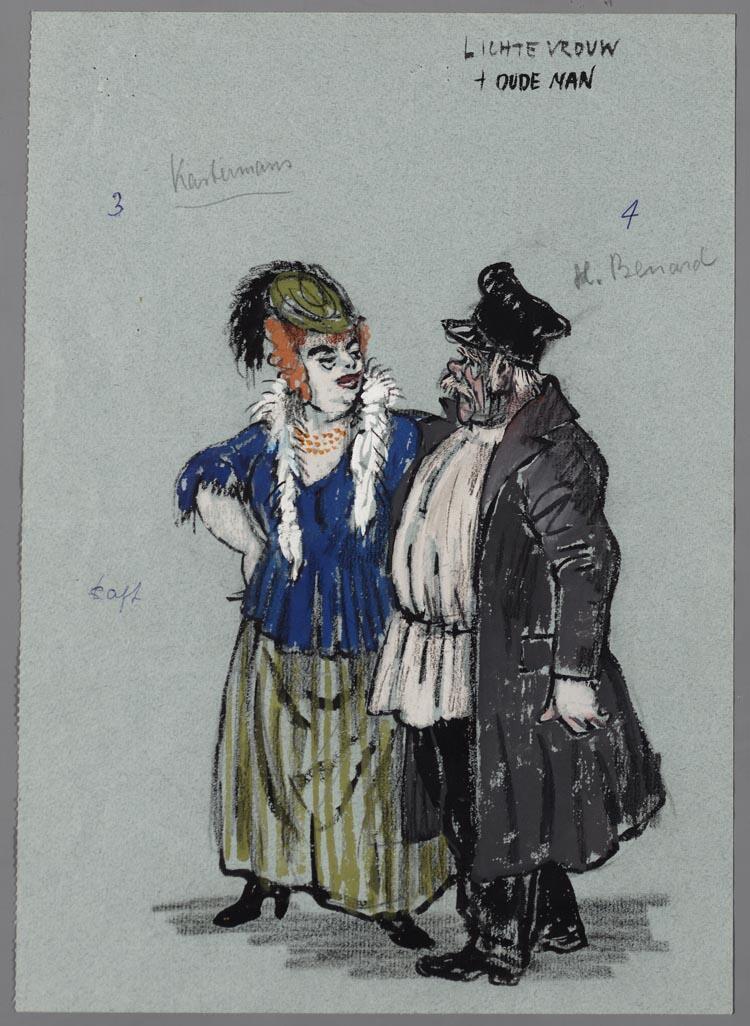 Kostuumontwerp voor een lichte dame en een oude man uit Raskolnikoff (Heinrich Sutermeister)