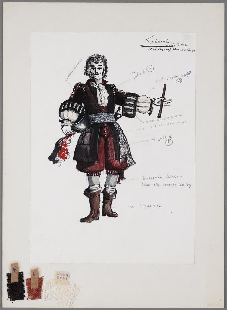 Kostuumontwerp voor de Kolonel (Wim de Haas) in Colas Breugnon of God in Frankrijk (Pavel Kohout) door De Haagse Comedie