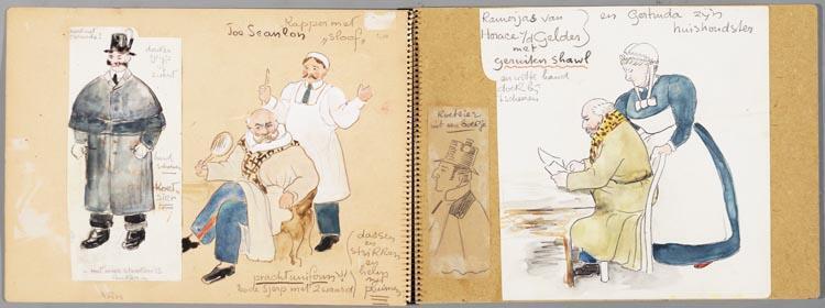 Schetsboek met ingeplakte kostuumontwerpen voor De Koppelaarster