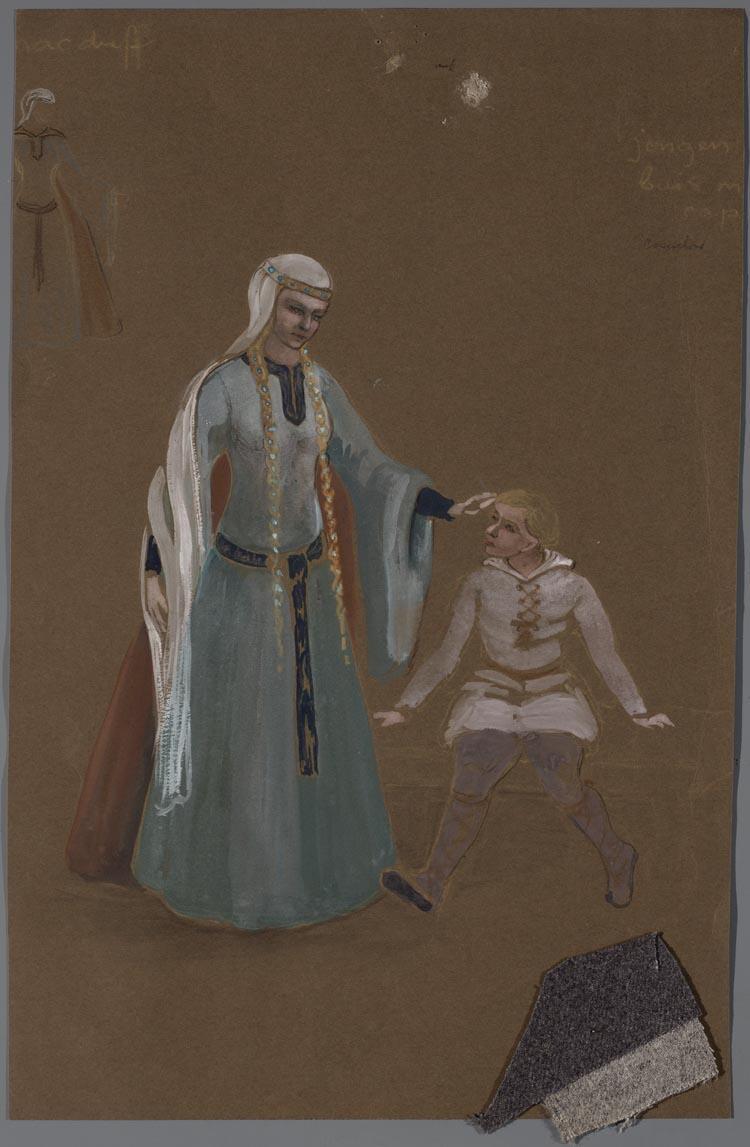 Kostuumontwerp voor Edy de Boer als Lady Macduff en Frans Weisz als haar zoontje in Macbeth