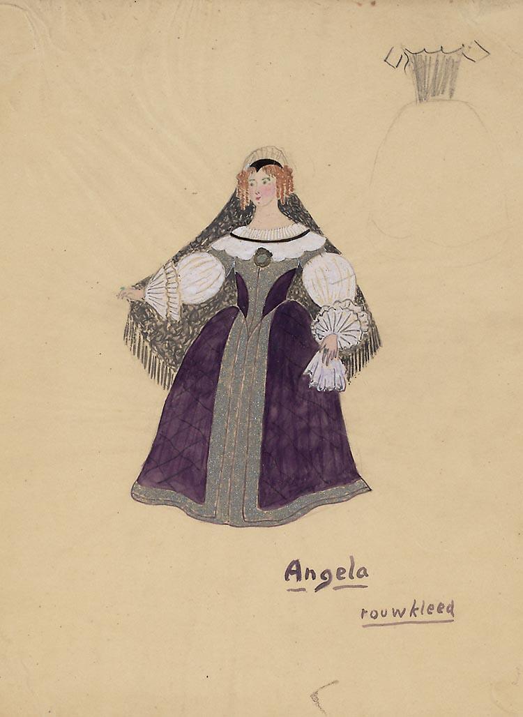 Kostuumontwerp voor Else Mauhs als Angela in Het Spaansche Weeuwtje
