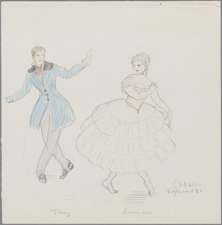 Kostuumontwerp voor Franz en Swanilda in Coppélia door Frithjof van Thienen