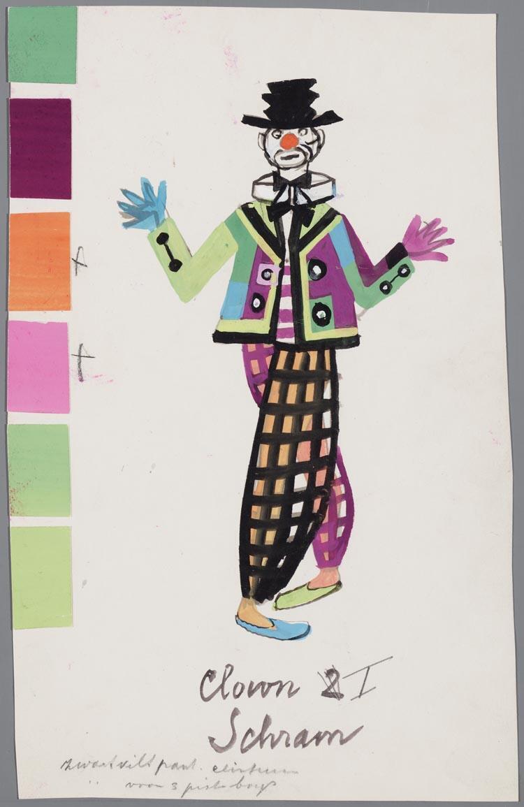 Kostuumontwerp voor Rietje Schram als Kleine Clown in Ontsloten Poorten door Nicolaas Wijnberg