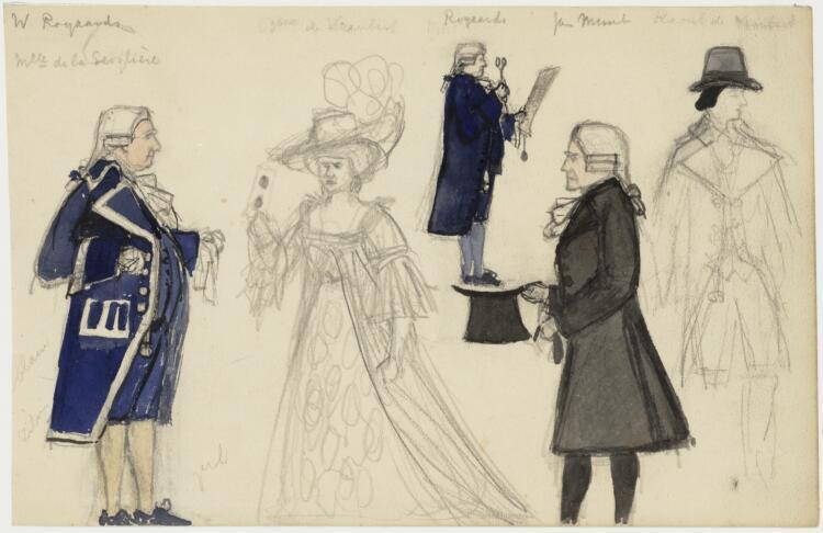 Schetsblad met personnages en kostuums voor onder andere Willem Royaards en Jan Musch in Mademoiselle de Seiglière