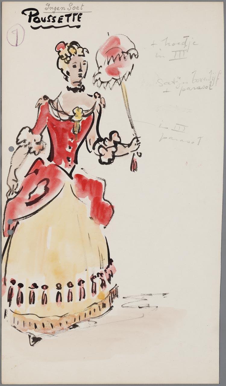 Kostuumontwerp voor Nelly Scheffer als Pousette uit Manon (Jules Massenet) door Gerard Hordijk