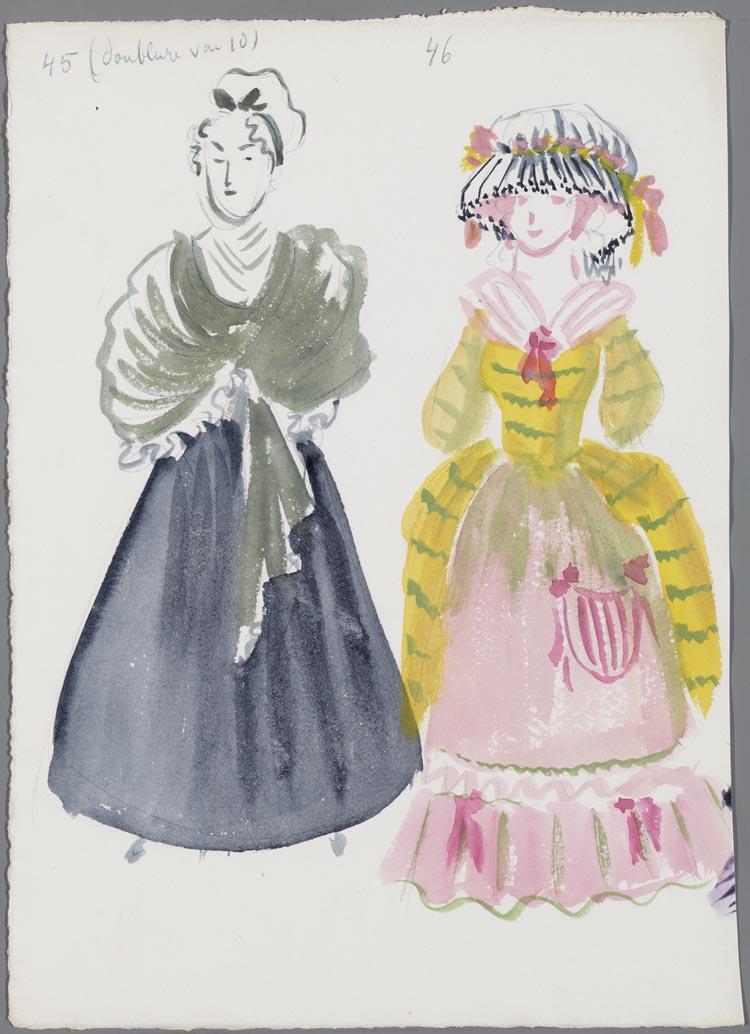 Kostuumontwerpen voor twee vrouwen in Mignon (Ambroise Thomas) door Wim Vesseur