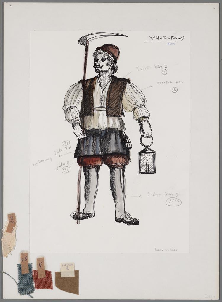 Kostuumontwerp voor Vaqueur (Kees van Lier) in Colas Breugnon of God in Frankrijk (Pavel Kohout) door De Haagse Comedie