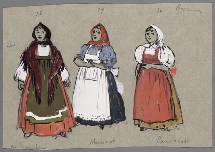 Kostuumontwerp voor boerinnen uit Raskolnikoff (Heinrich Sutermeister)
