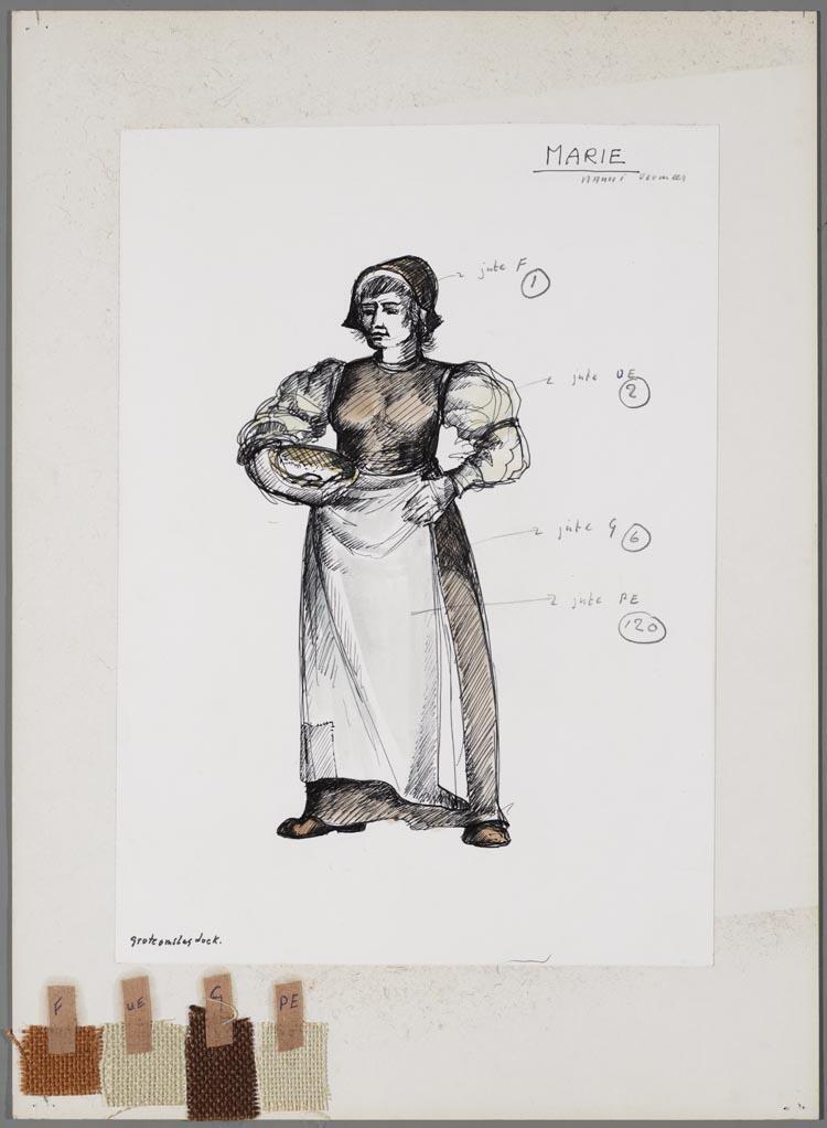 Kostuumontwerp voor Marie (Nanni Vermeer) in Colas Breugnon of God in Frankrijk door De Haagse Comedie
