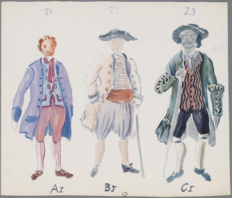 Kostuumontwerpen voor drie mannen in Mignon (Ambroise Thomas) door Wim Vesseur