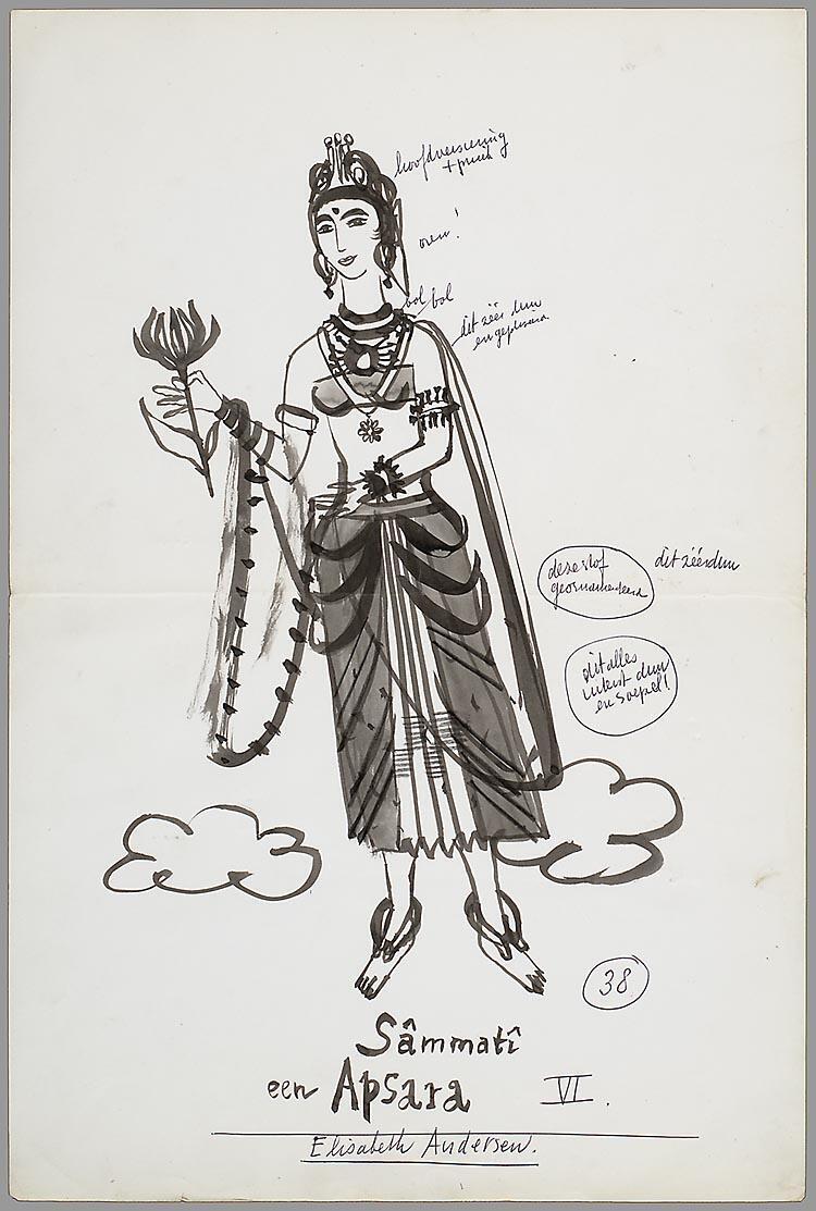 Kostuumontwerp voor Elisabeth Andersen als Sâmmatî een Apsara in Shakuntala of de nootlottige ring