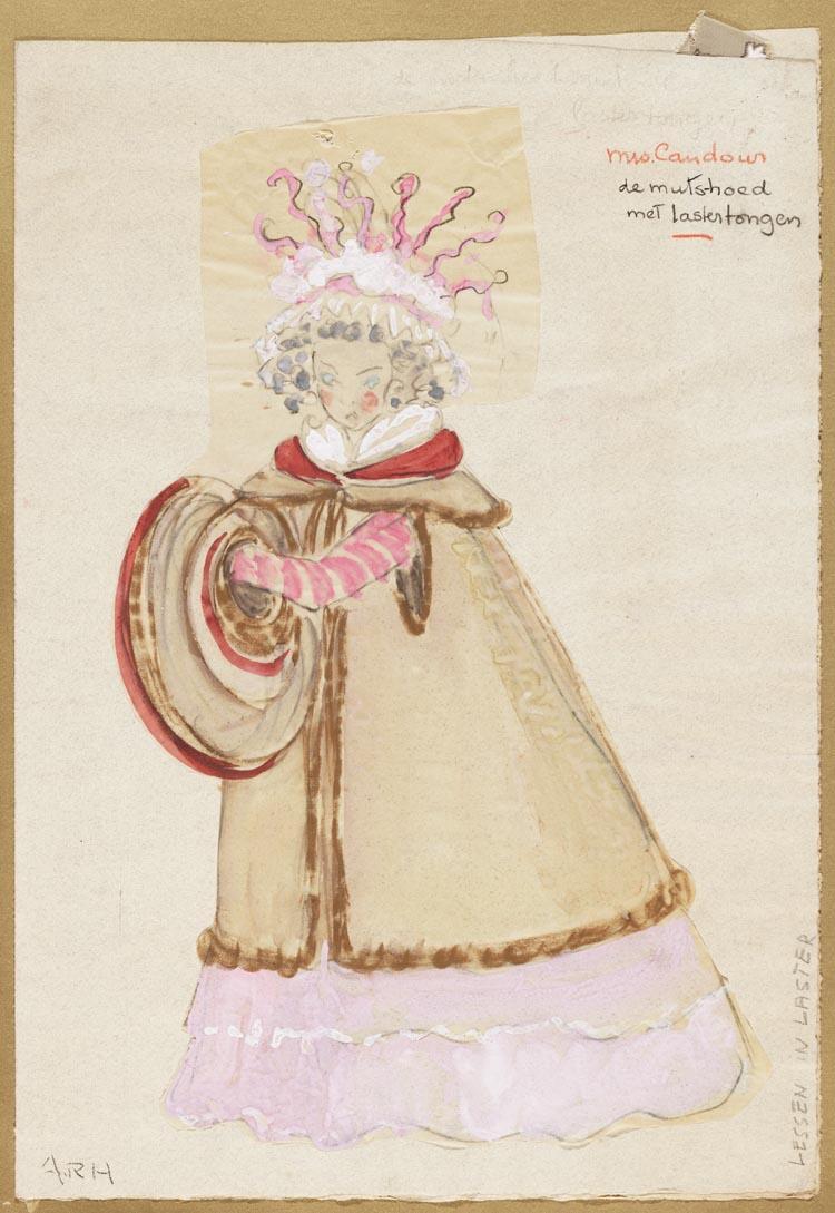 Kostuumontwerpen voor Mimi Boesnach als Mrs. Candour, Inge Beekman als dienstmeisje van Lady Sneerwell en Kitty van Wijk als dienstmeisje van Lady Teazle in Lessen in Laster