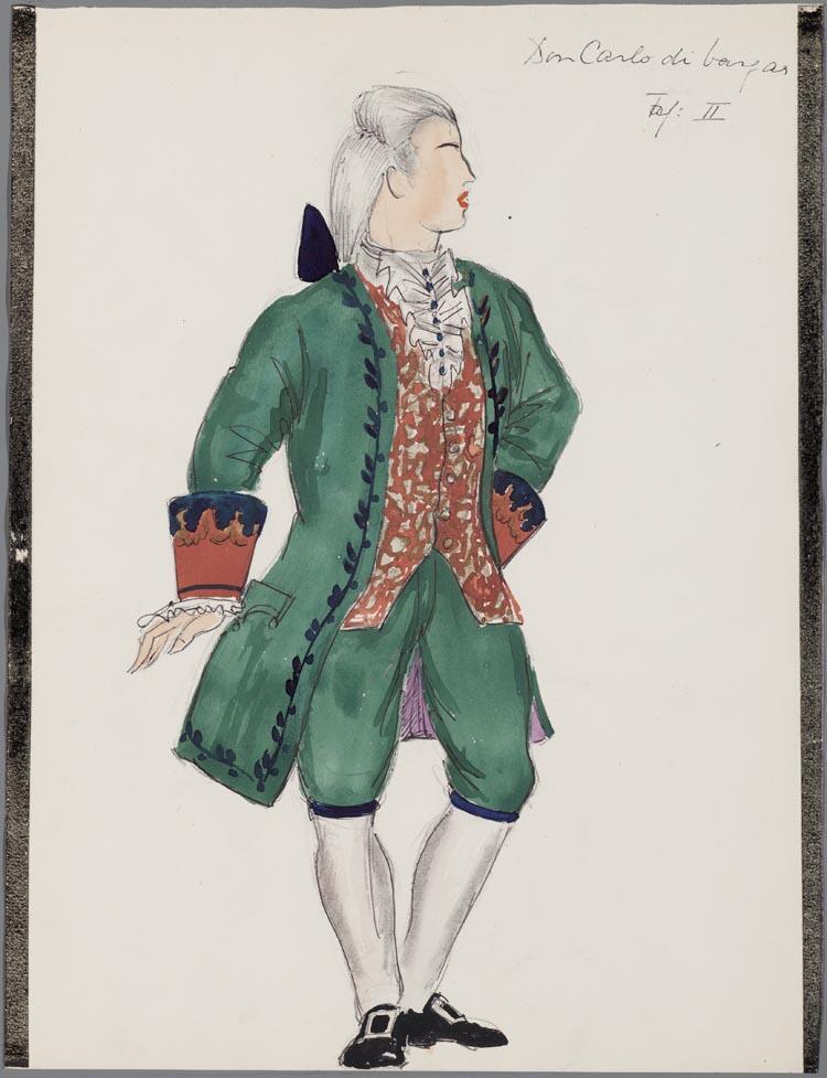 Kostuumontwerp voor John Shaw al sDon Carlo di Vargas in La Forza del Destino (Verdi) door Karel Bruckman