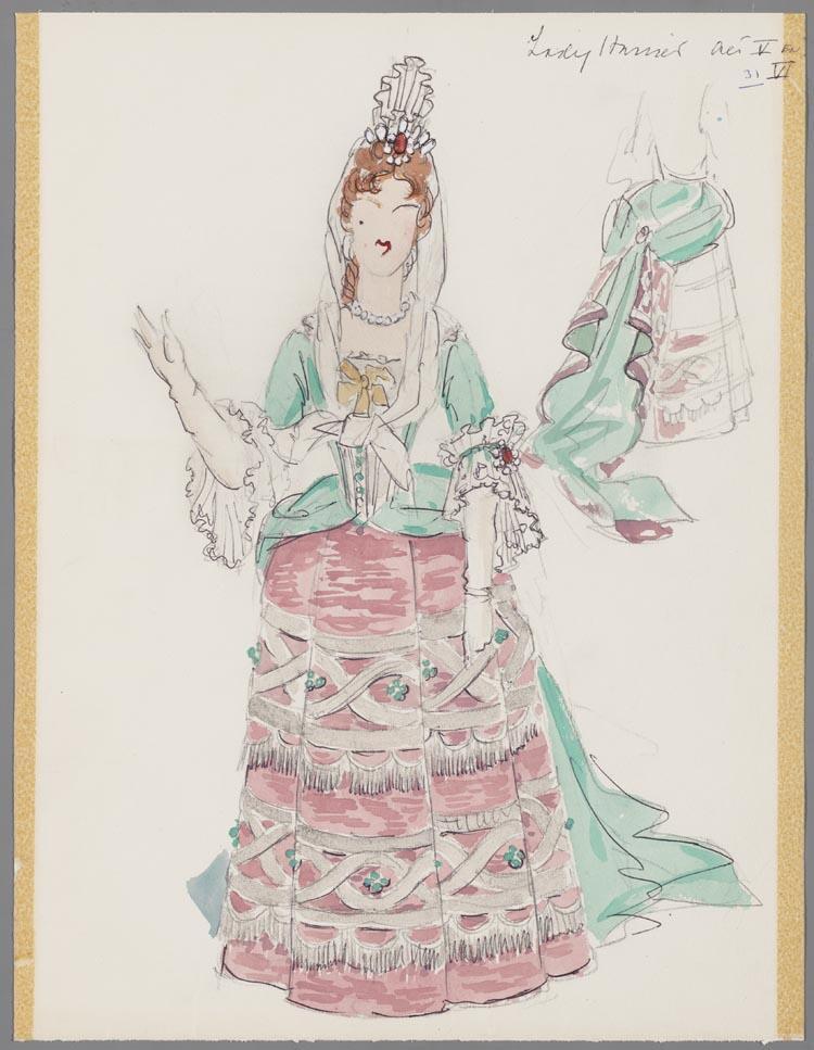 Kostuumontwerp voor Dini Tadema als Lady Harriet Durham in Martha door Karel Bruckman