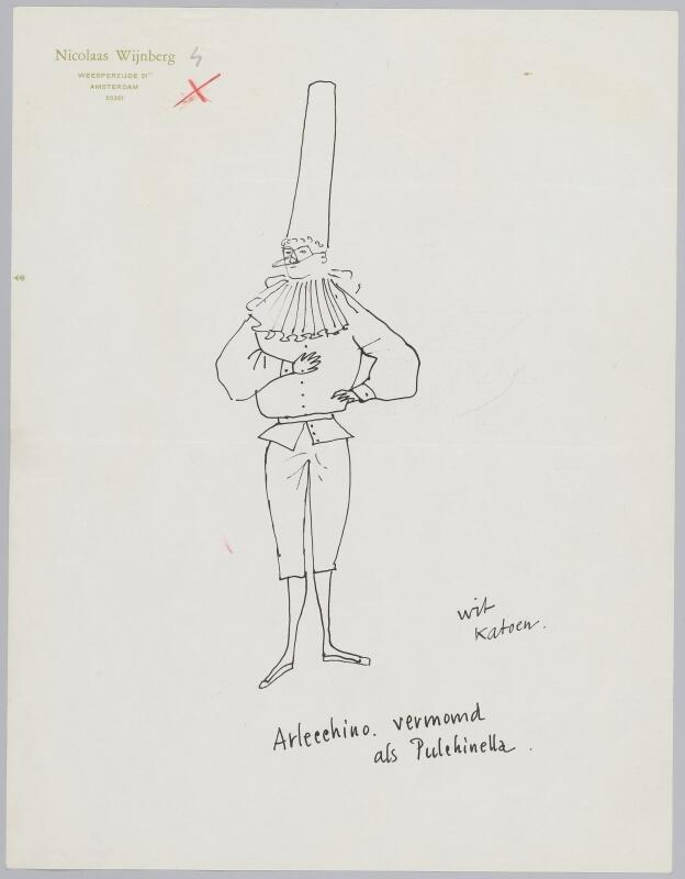 Kostuumontwerp voor Arlecchino vermomd als Pulchinella uit Wie trouwt de weduwe?