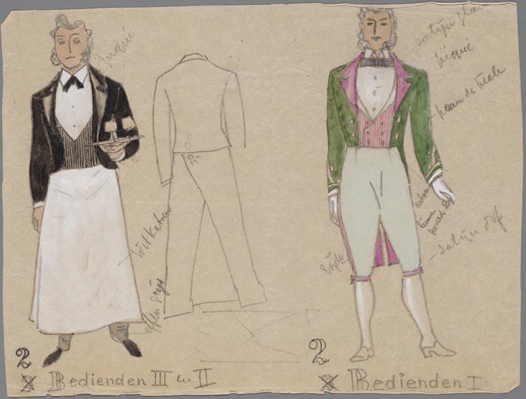 Kostuumontwerp voor De Bedienden in Die Lustige Witwe (Franz Léhar) door Theo Kurpershoek