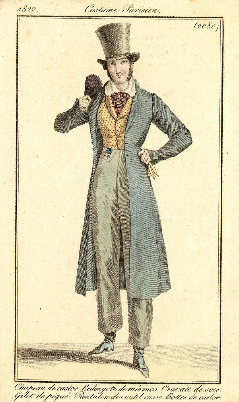 Costume Parisien, nr. 2080: Chapeau de castor. Redingote de mérinos. Cravate de soie. Gilet de…