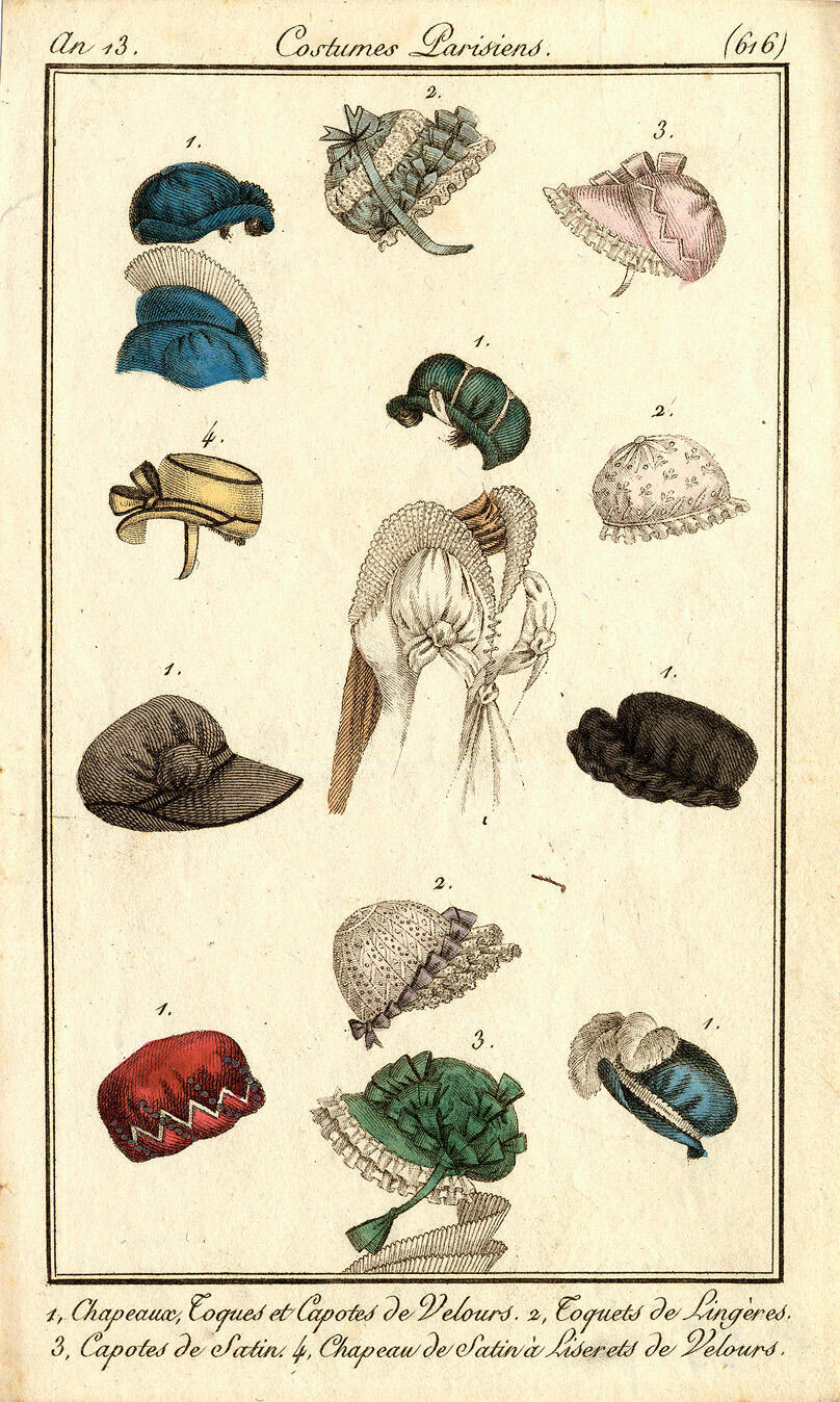 Costume Parisien, nr. 616: 1, Chapeaux, Toques et Capotes de Velours. 2, Toquets de Lingères. 3,…