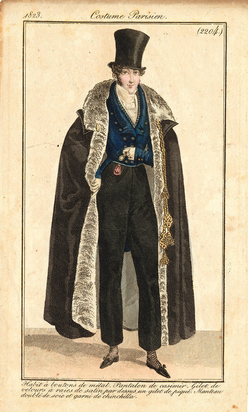 Costume Parisien, nr. 2204: Habit à boutons de métal. Pantalon de casimir. Gilet de velours à raies…