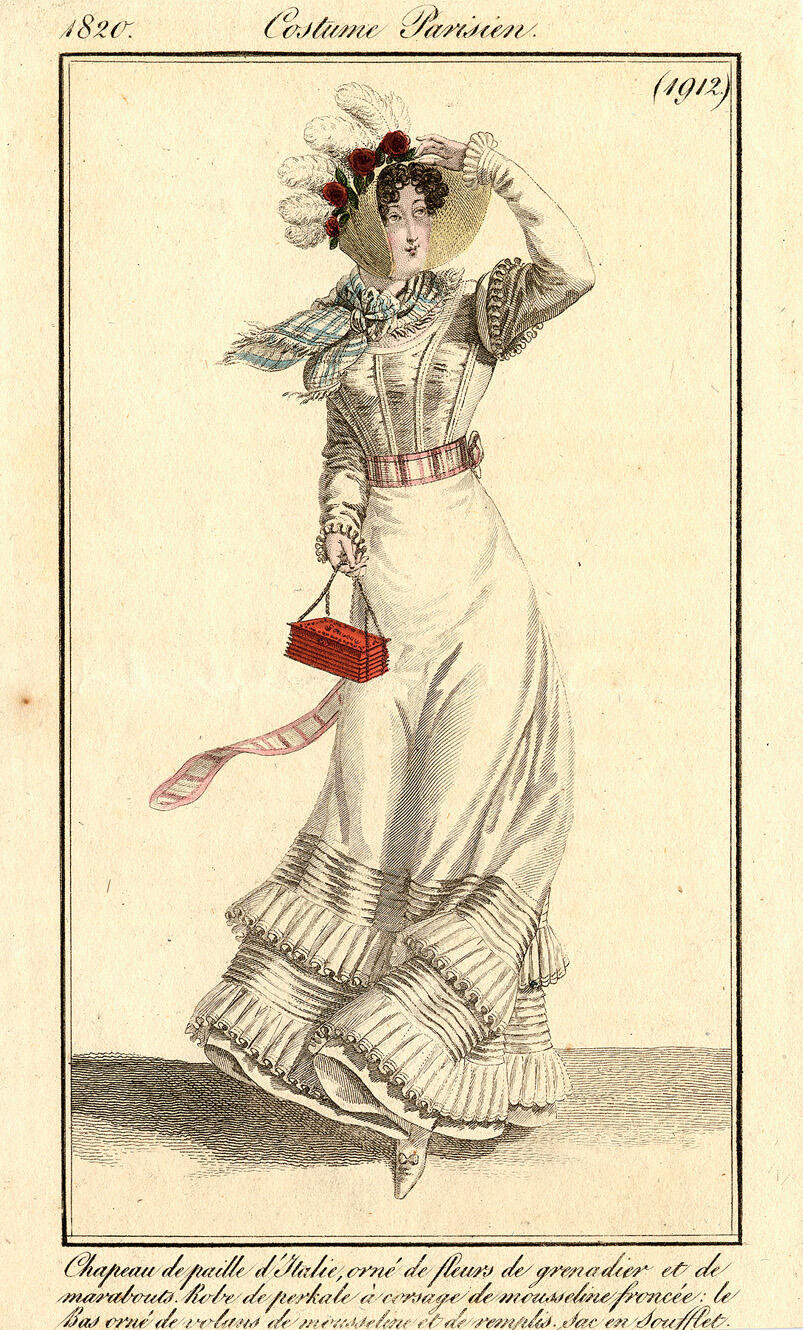 Costume Parisien, nr. 1912: Chapeau de paille d'Italie, orné de fleurs de grenadier et de marabouts…