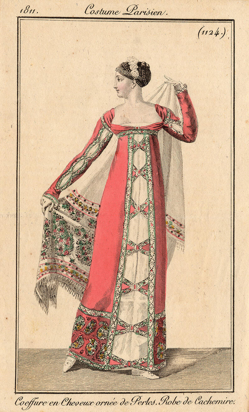 Costume Parisien, nr. 1124: Coeffure en Cheveux ornée de Perles. Robe de Cachemire