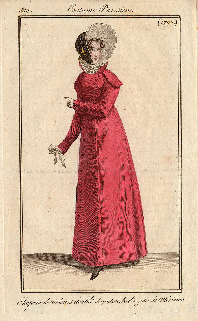Costume Parisien, nr. 1790: Chapeau de Velours doublé de satin. Redingote de Mérinos