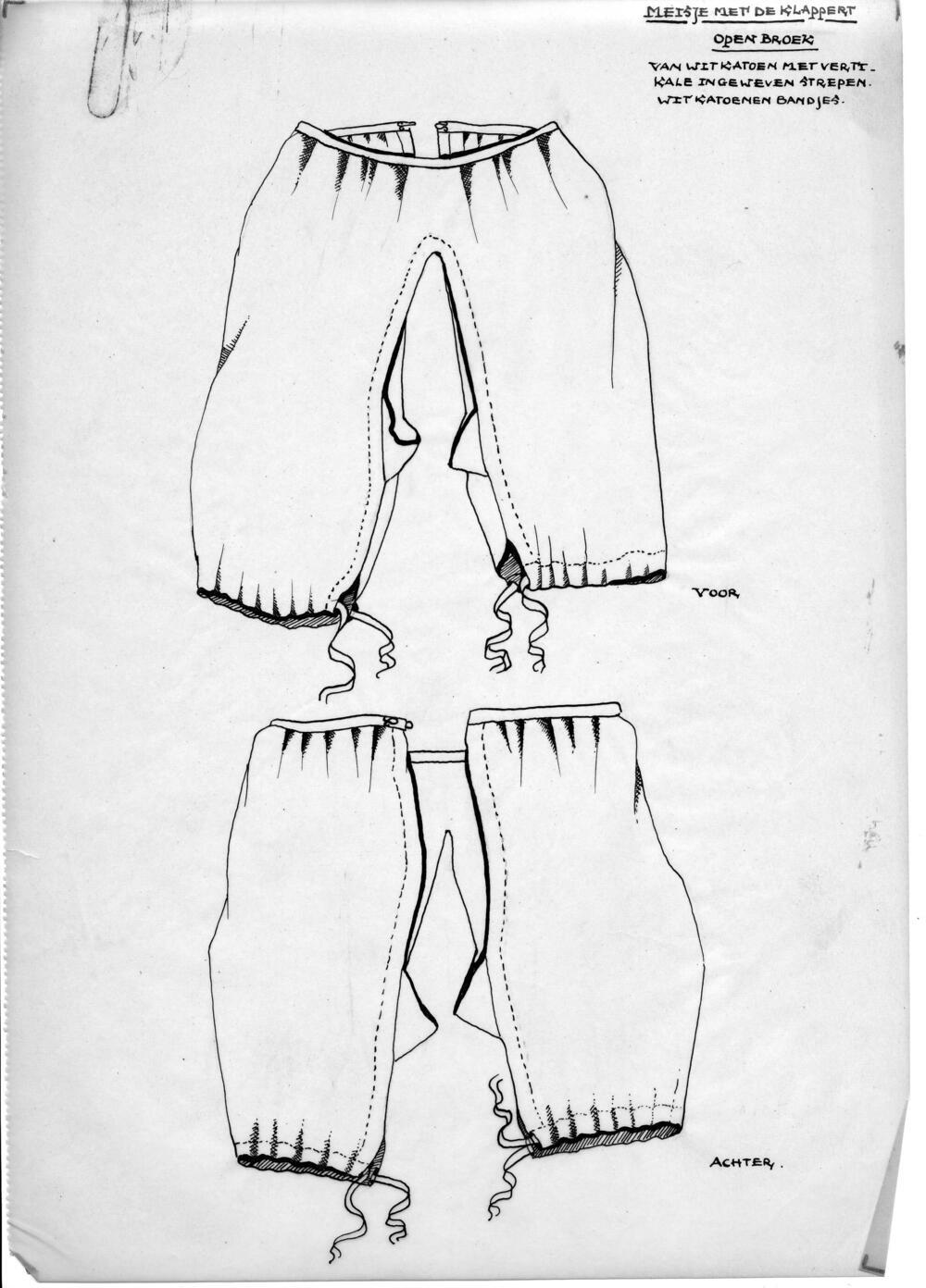 Tekening van open broek voor meisje met de klappert, Hindeloopen