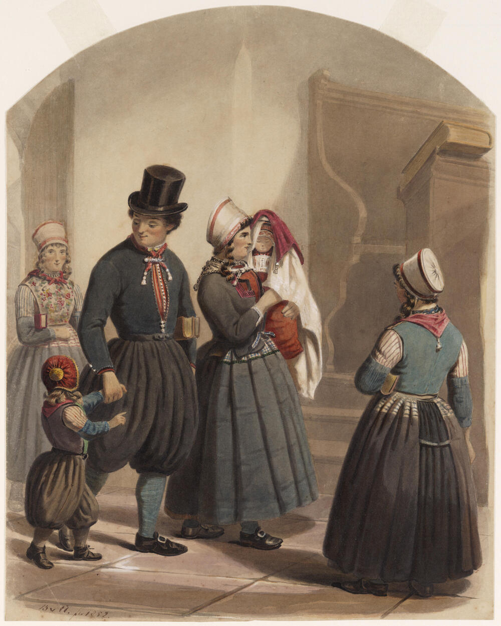 Marker paar brengt hun kind ter doop, circa 1852