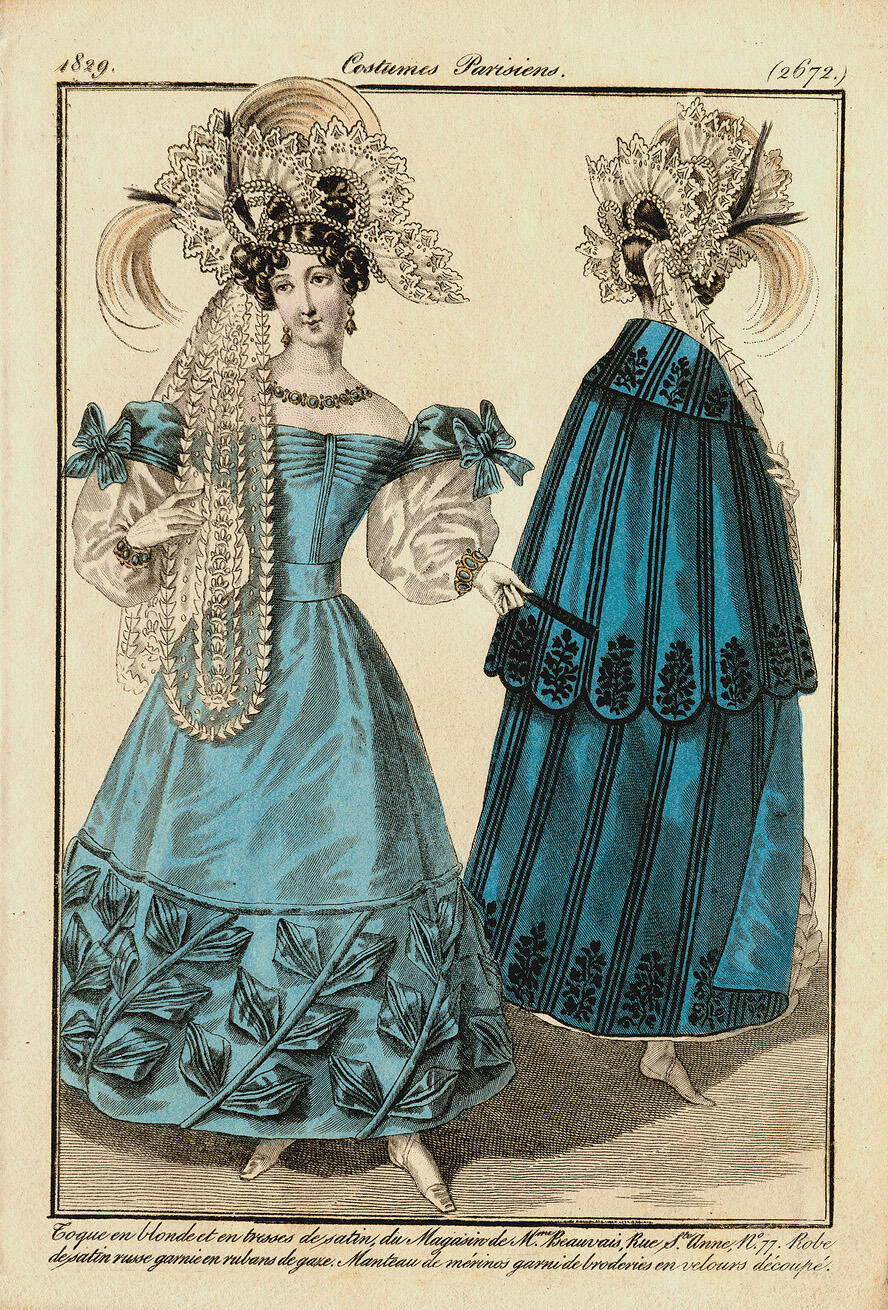 Costume Parisien, nr. 2672#: Toque en blonde et en tresses de satin, du Magasin de Mme Beauvais,…