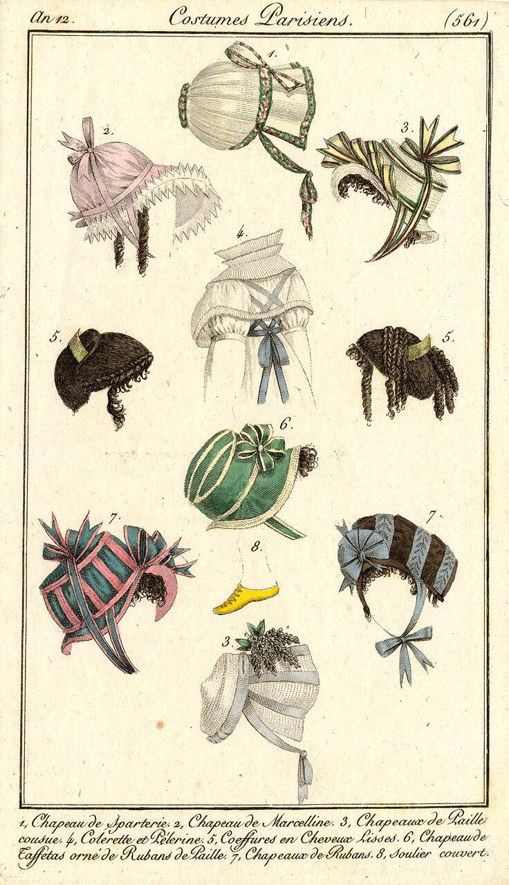 Costume Parisien, nr. 561: 1. Chapeau de Sparterie. 2, Chapeau de Marcelline. 3, Chapeaux de Paille…