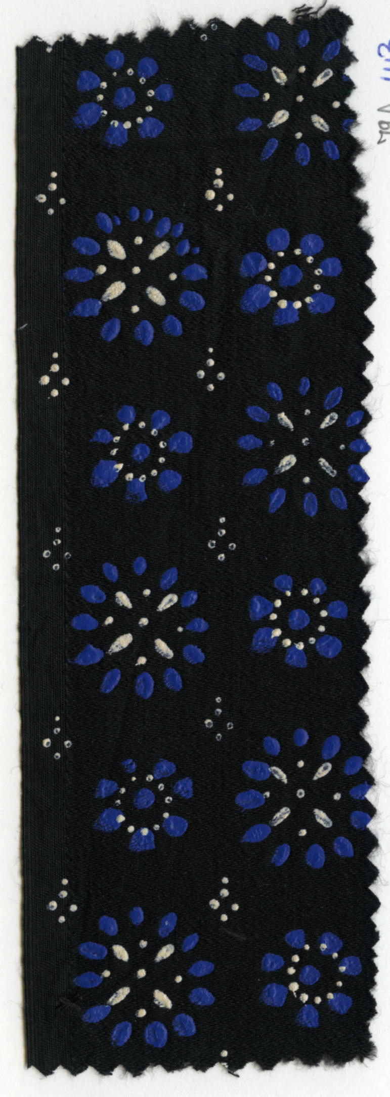 Zwart satijn met blauw-wit stipwerk, Staphorst, 1900–1980