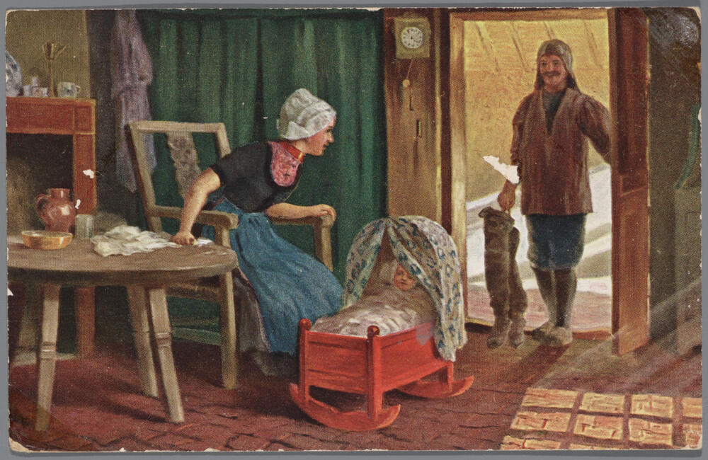 Man en vrouw in pseudo-streekdracht in een interieur