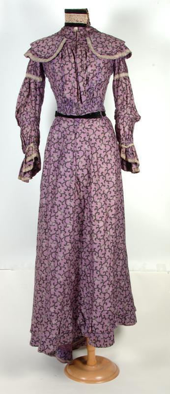 Paarse rok van tweedelige japonin s lijn  met art nouveau print , geheel gevoerd, onderdeel van…