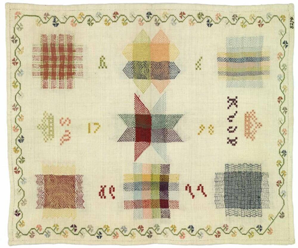 Stoplap met kruissteekrandje rondom, gemerkt A.T., W.S., K.v.d.P. of V.v.d.P. 1798