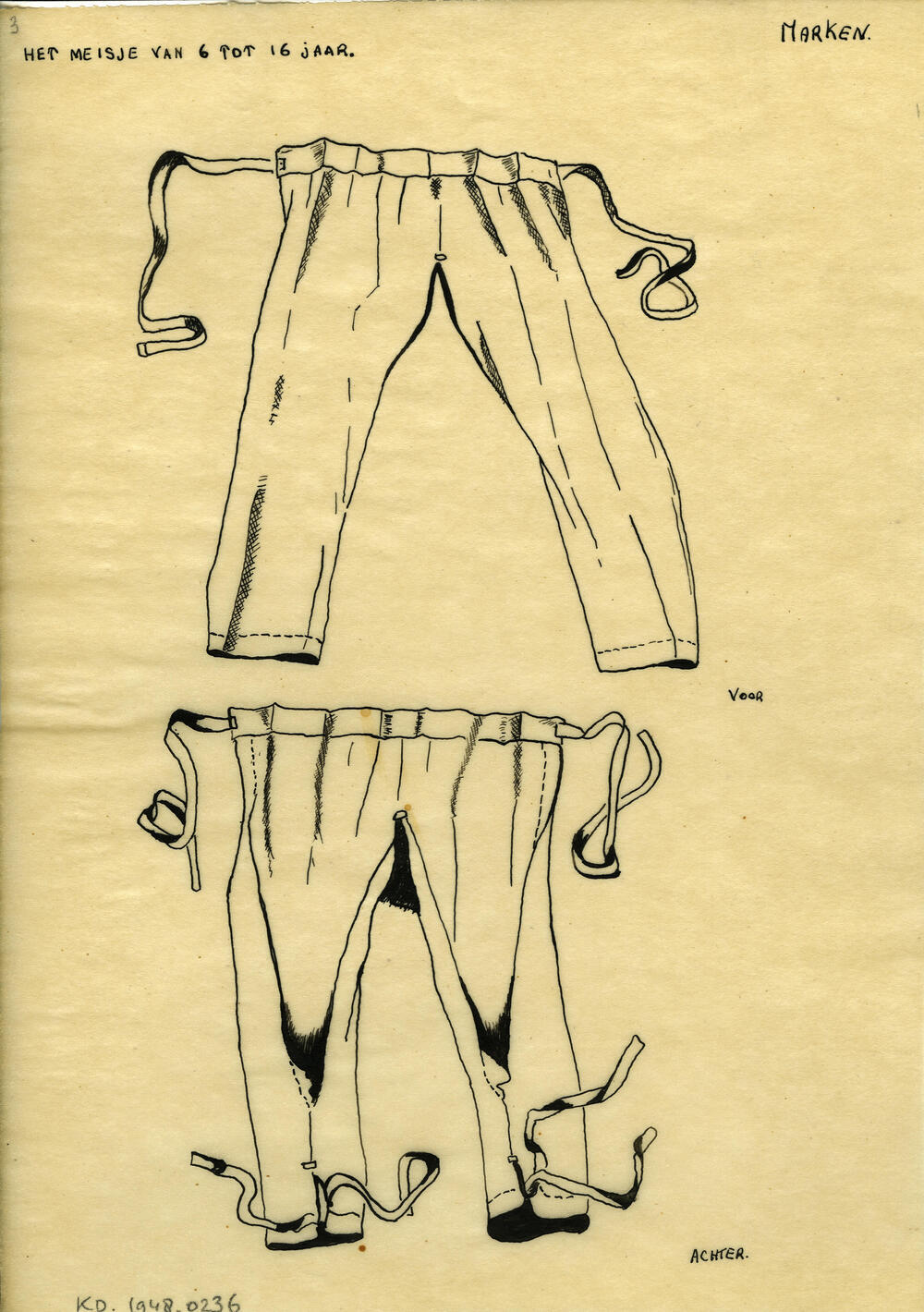 Tekening van een broek, Marken