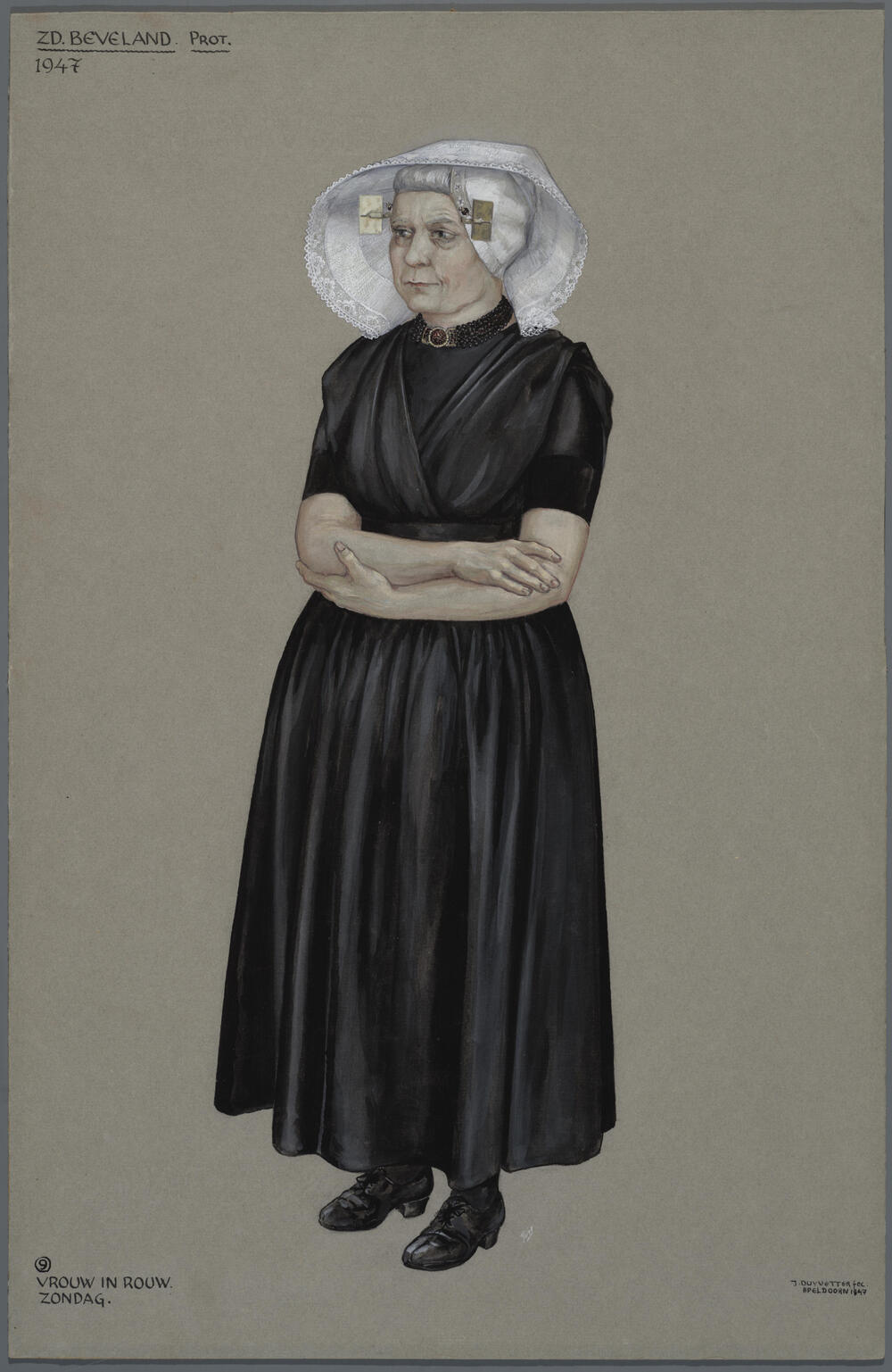 Vrouw in protestantse Zuid-Bevelandse dracht 1947