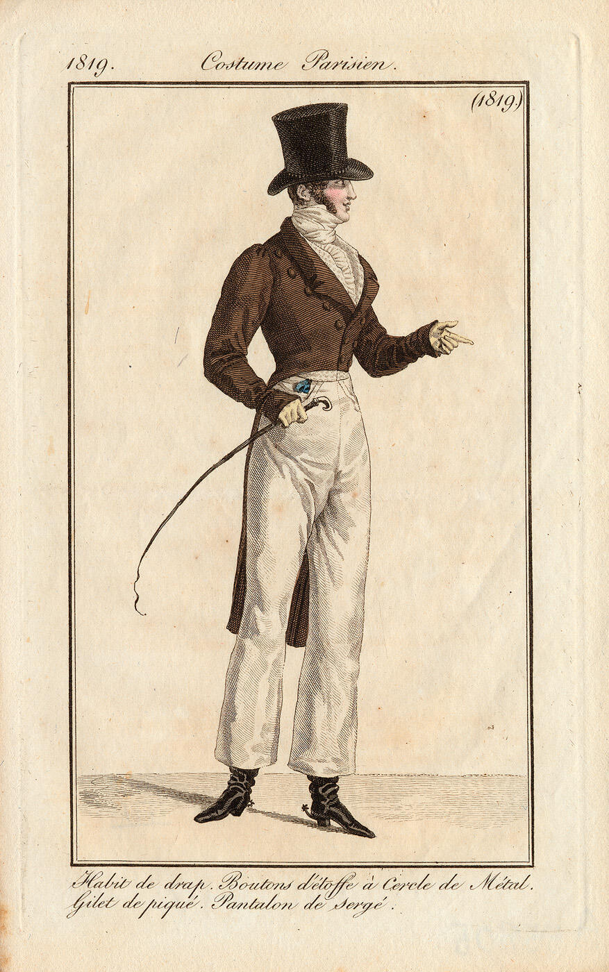Costume Parisien, nr. 1819: Habit de drap. Boutons d'étoffe à Cercle de Métal. Gilet de Piqué…