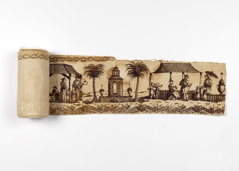 Rokzoom met chinoiserie, fragment van bedrukt katoenen vrouwenrok, paarszwarte motieven op witte…