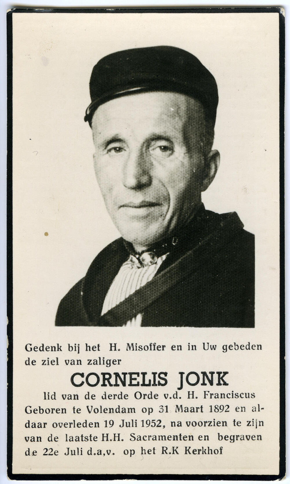 Bidprentje van Cornelis Jonk, 1952