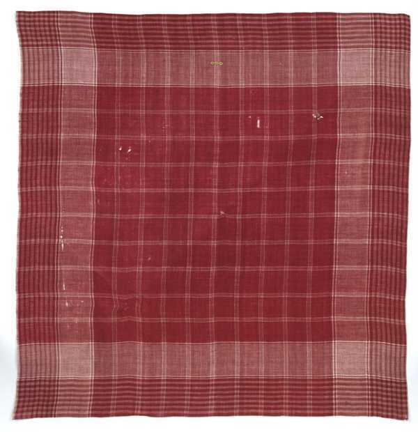 Hindelooper sondook van rood-wit bont lapkede met ingeweven ruit en initialen: G, hart en L