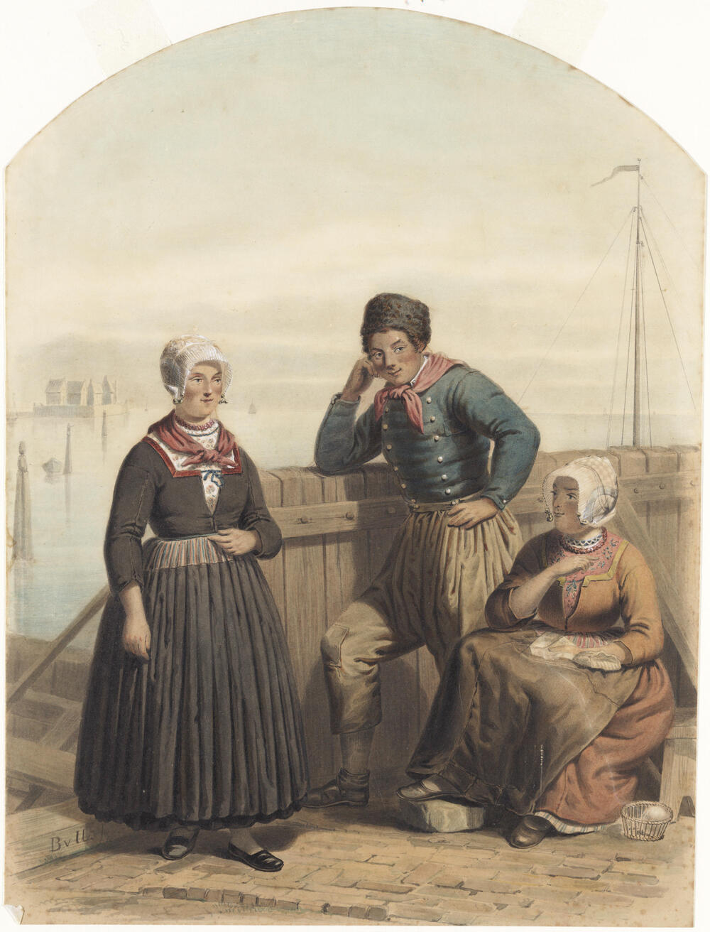 Man en twee vrouwen bij de haven van Schokland