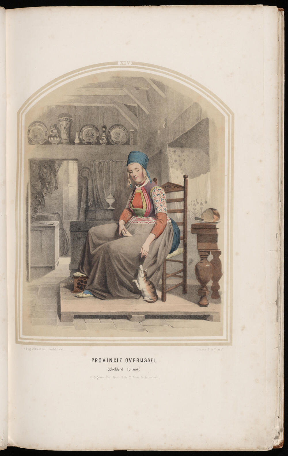 Vrouw in de dracht van Schokland in een interieur