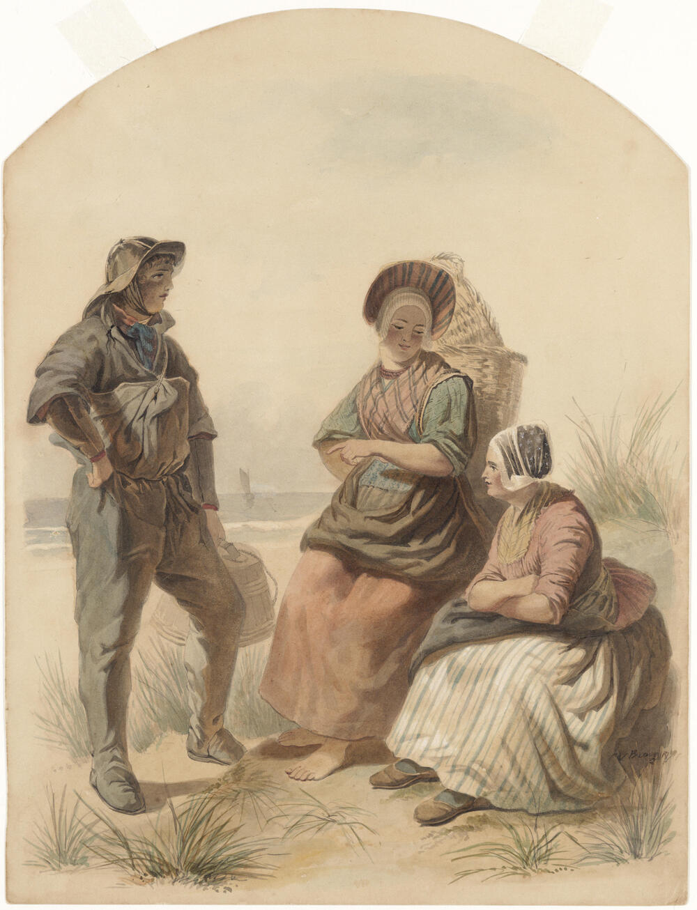 Visser en twee vrouwen op het strand, Zandvoort