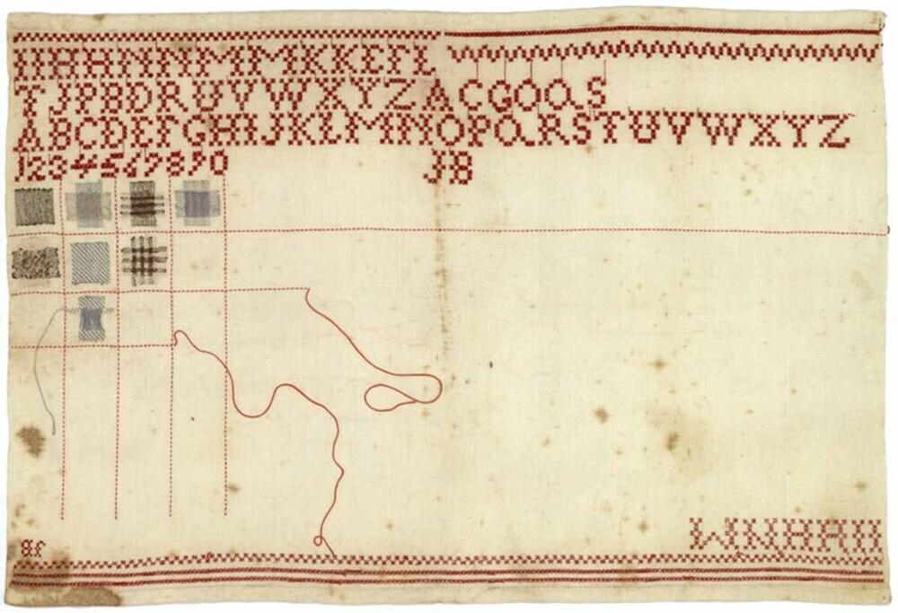 Letterstoplap onaf, met rood garen, gemerkt J.B.