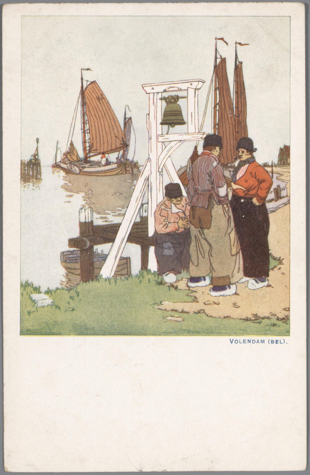 Tekening van drie mannen in Volendammer streekdracht bij de klokkenpaal aan de haven