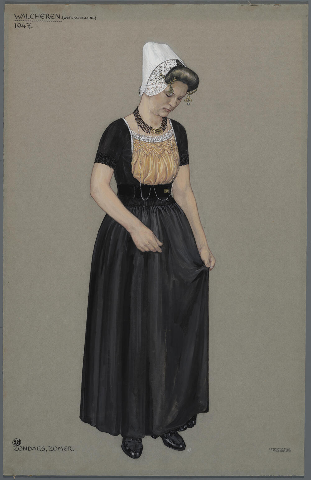 Vrouw in zondagse zomerdracht, Walcheren 1947
