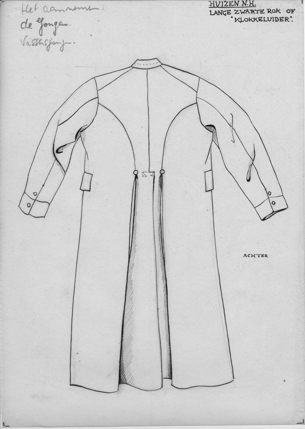 Tekening van een lange zwarte rok of 'klokkeluider', Huizen