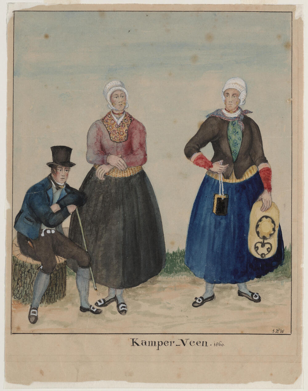 Man en twee vrouwen in dracht, Kamperveen, 1860
